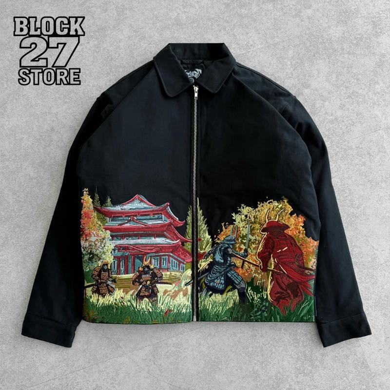 Veste pour homme, broderie samouraï japonaise, manteau de baseball vintage, Harajuku, unisexe, brode