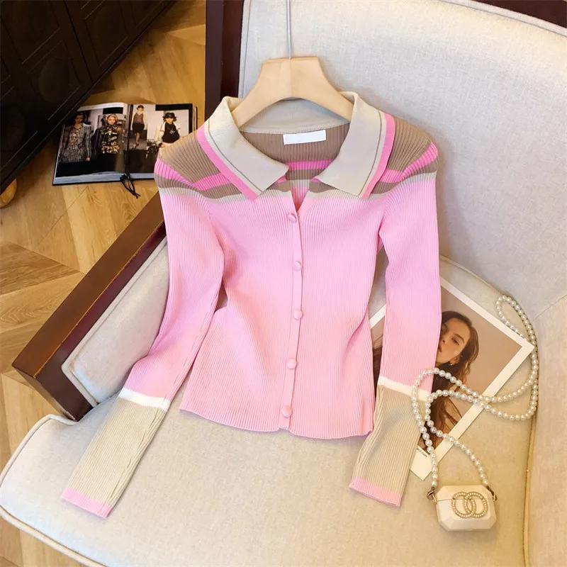 ​ ​ Cardigan ajusté doux en tricot, Style Blazer rose élégant, col contrasté, vêtements de bureau po
