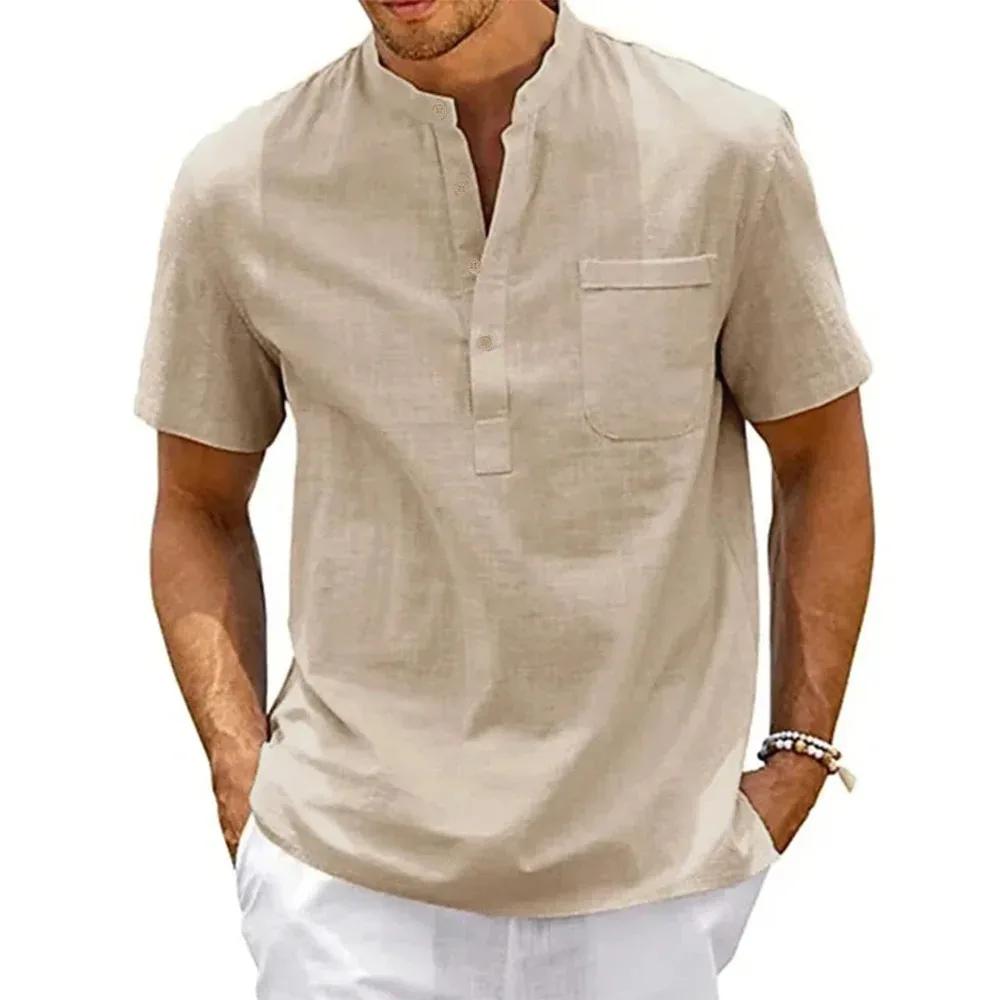 Chemise en coton et lin pour hommes, col Henley, poche, décontractée, plage, manches courtes, couleu