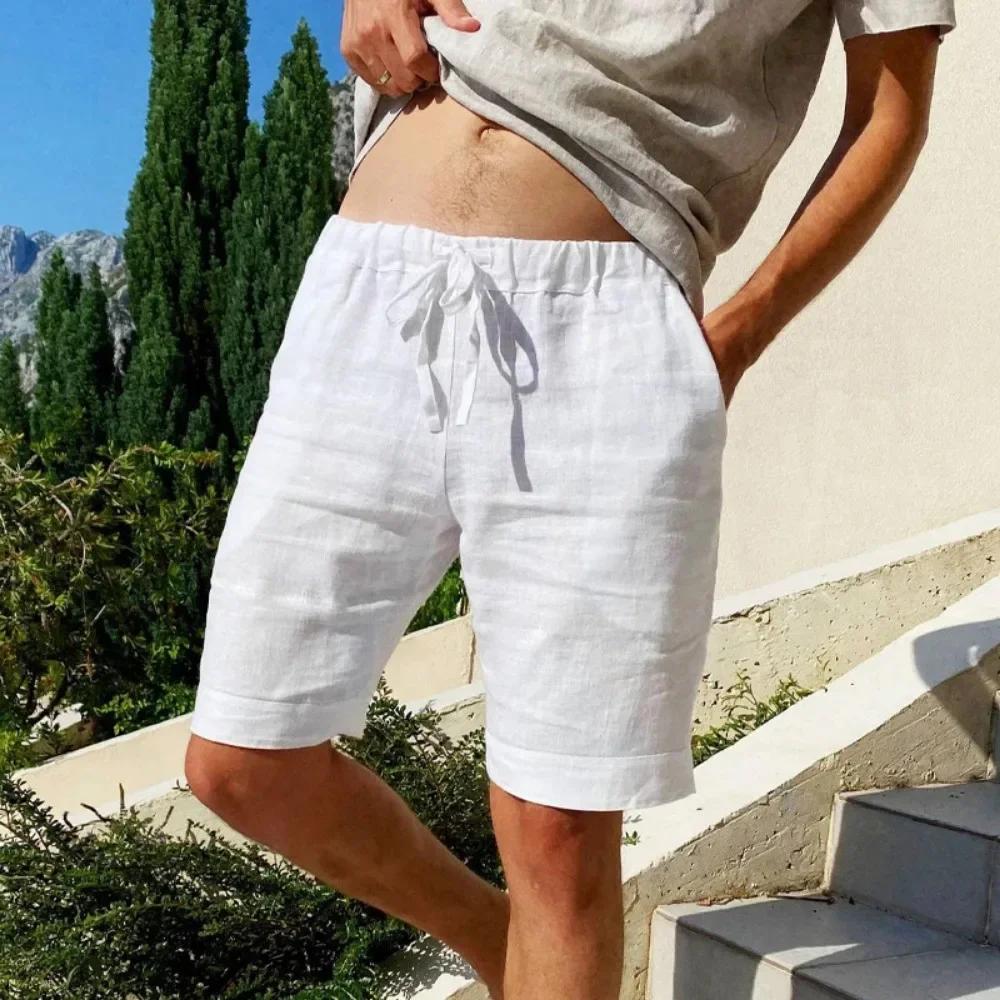 Short en coton et lin respirant pour homme, pantalon de plage hawaïen, solide, document fjadt, stree