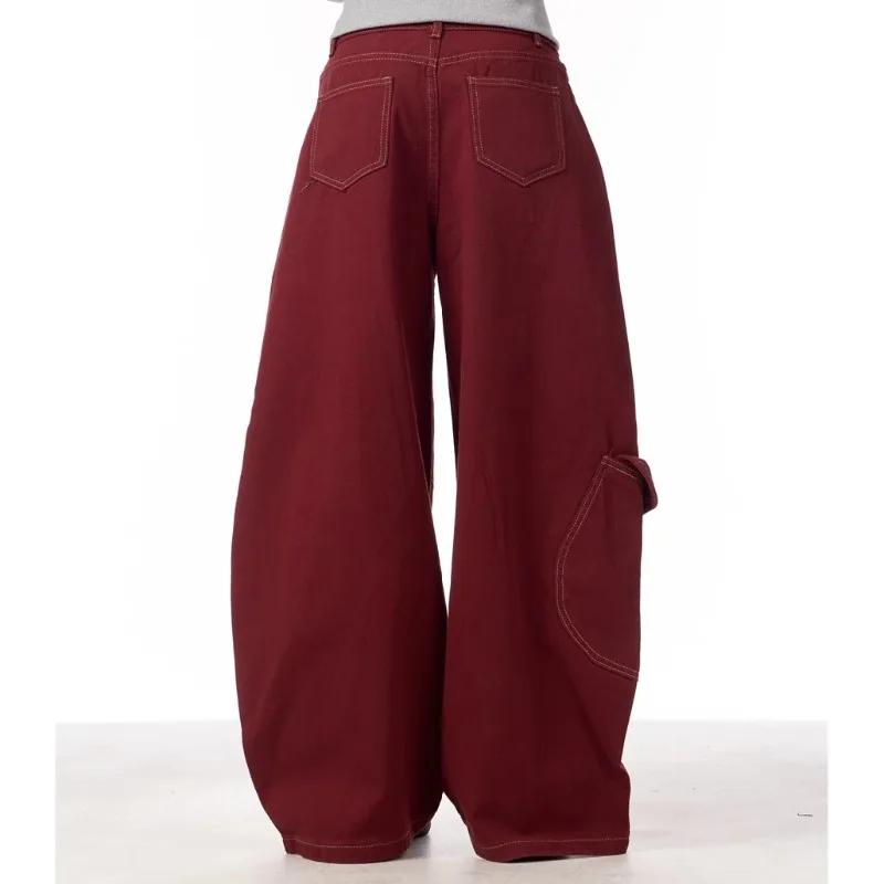 Cargo rouge jean décontracté femmes vêtements de travail pantalon ample droit jambe large pantalon p