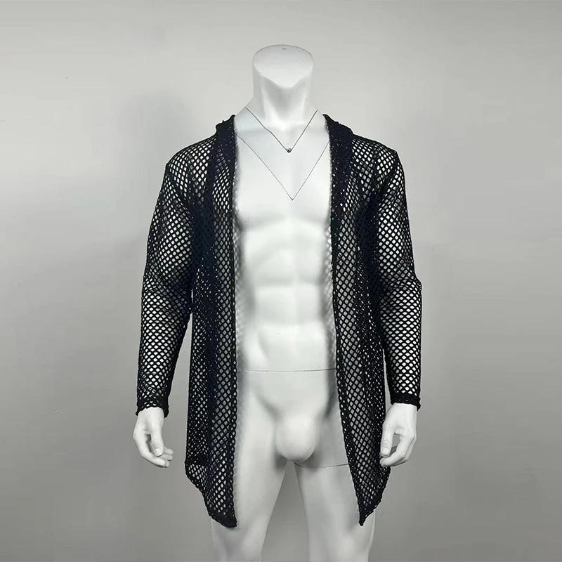 Hommes Sexy évider Long Cardigan grille chemises Streetwear mode Perspective à manches longues coule
