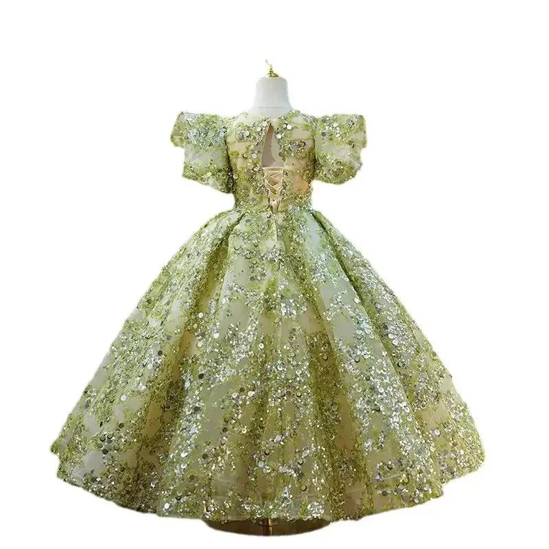 Robes de soirée pour enfants, robes de bal élégantes pour filles, manches à bulles, paillettes, robe