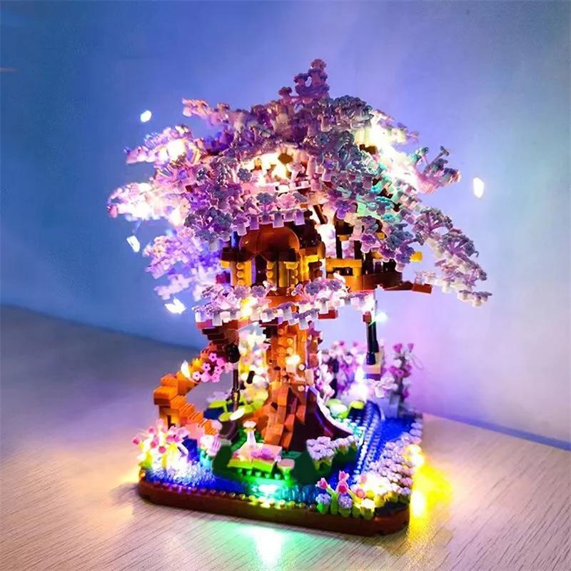 Ensemble de blocs de construction d'arbre bonsaï cerisier, briques de plantes en fleurs de Sakura av