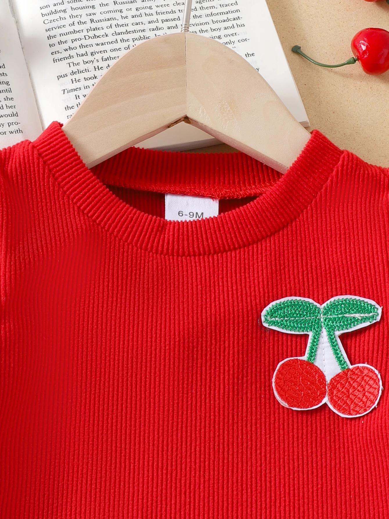 Ensemble filles 1-3 ans haut rouge manches longues + pantalon denim cerise - Printemps automne