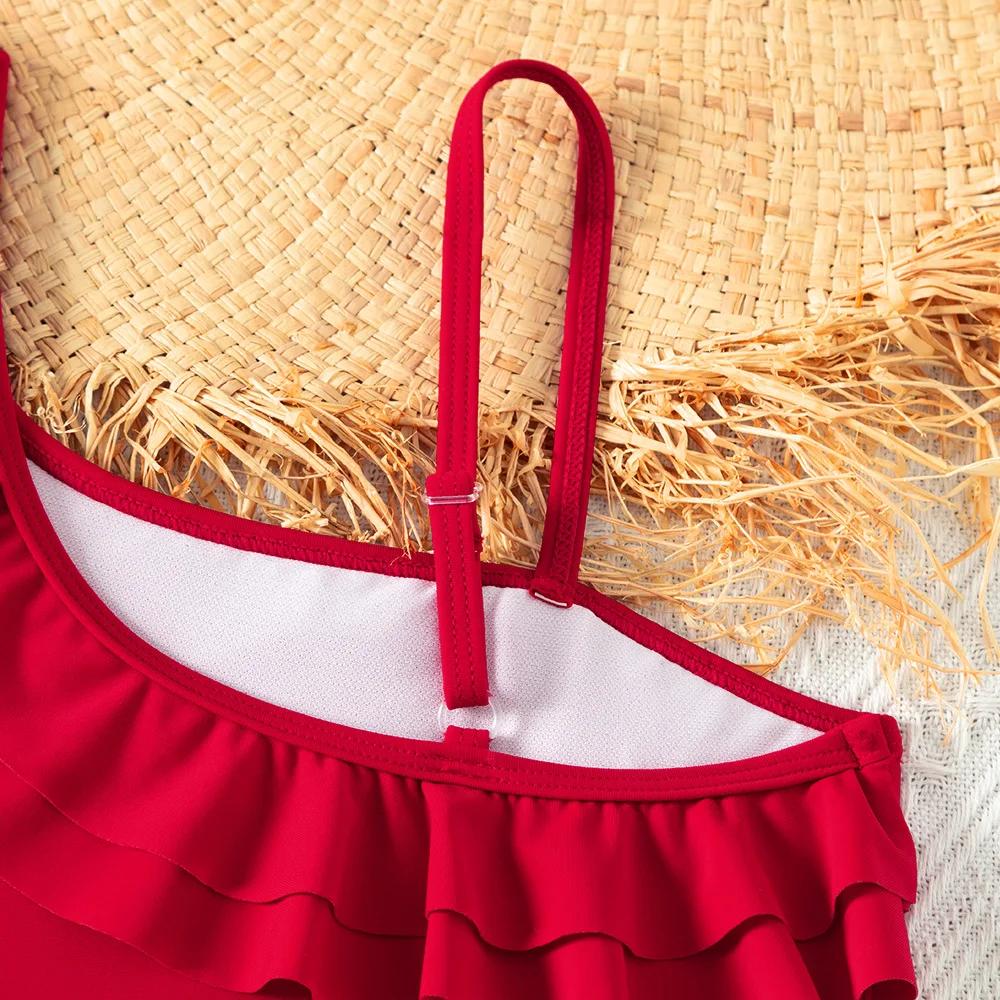 Maillot de bain rouge rétro pour adolescentes, ensemble une pièce à volants, vêtements de plage pour