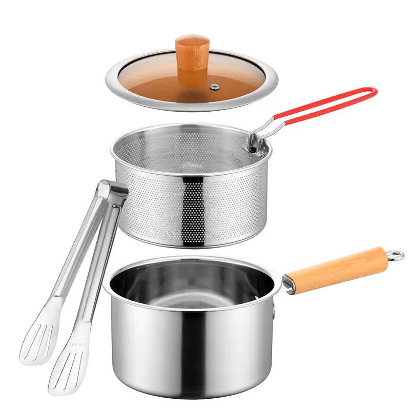 Marmite à friteuse en acier inoxydable de 20cm, avec panier à passoire, manche en bois, Mini cassero