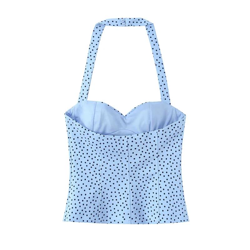 Haut pour femme, nouveau style été 2026, couleur unie, décor à pois, col halter, haut sexy, style va