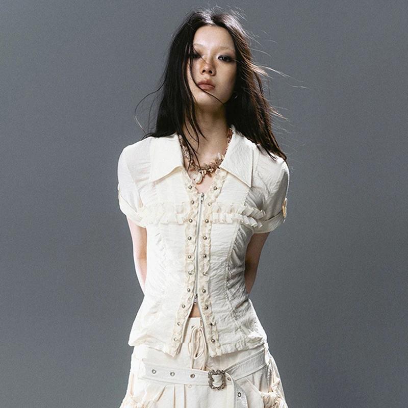 Chemise à lacets croisés Karrcat style grunge, chemisier à rivets Y2K trashy à manches courtes, chem