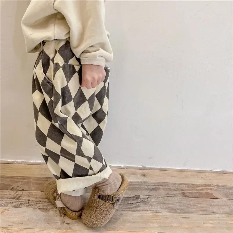Pantalons Harem en coton lavé pour enfants de 1 à 7 ans, design à carreaux vintage, tendance japonai