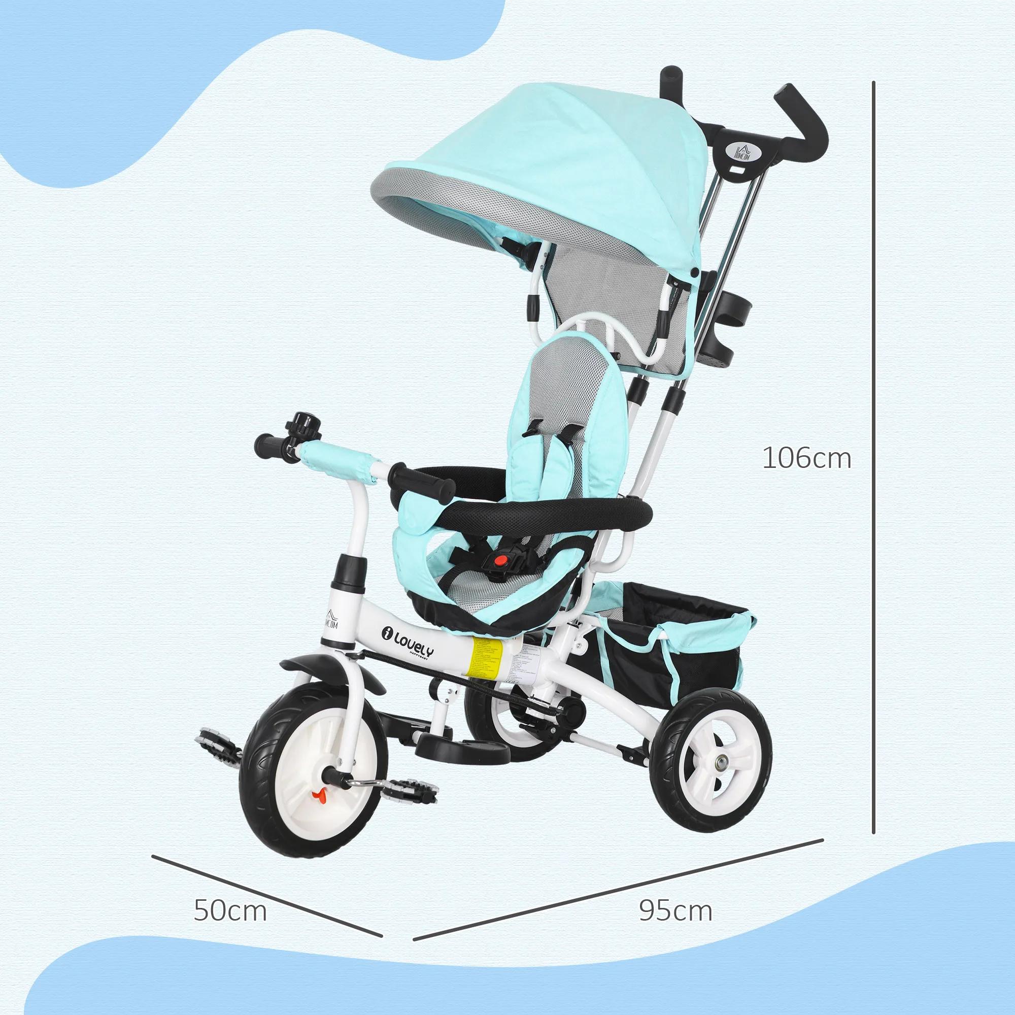 Tricycle évolutif Homcom pour enfants +12 mois avec auvent pliable, poignée télescopique et ceinture