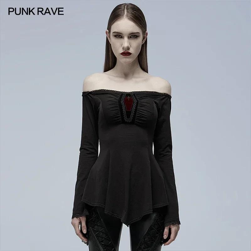 PUNK RAVE-T-shirt à manches longues gothique pour femme, col slash, ligne A, coton élastique, noir, 
