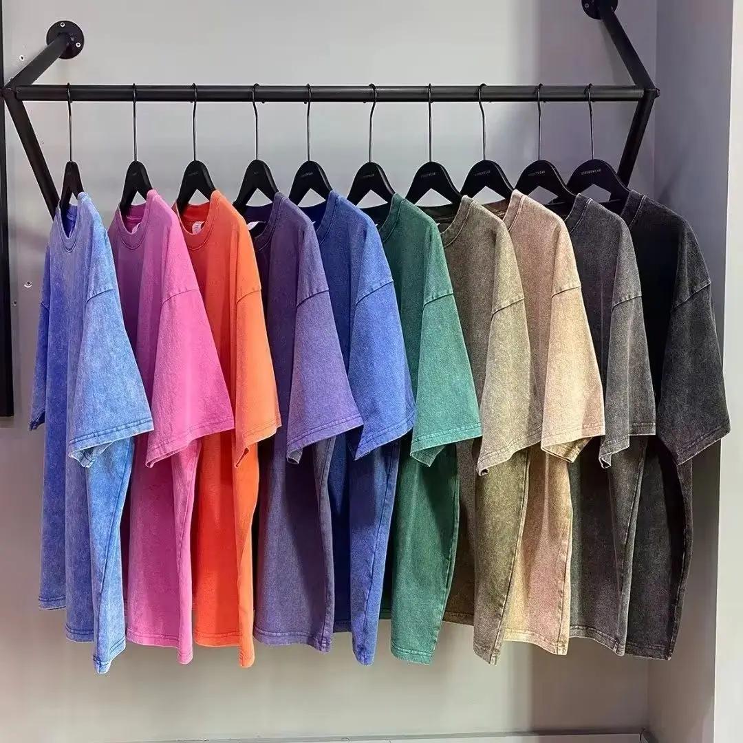 Style américain rétro lourd couleur unie à manches courtes T-shirt hommes femmes été rue à la mode l