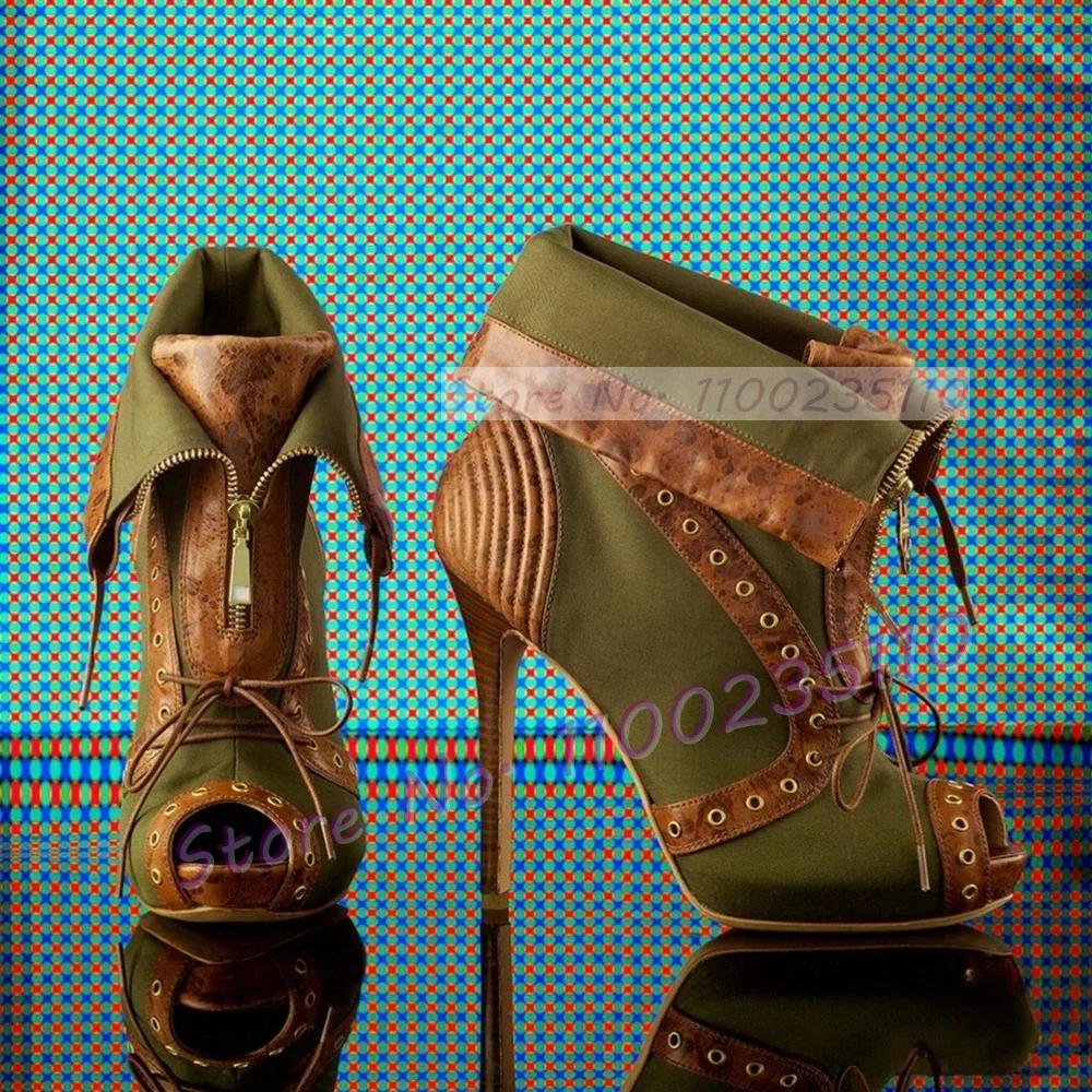 Sandales vert armée en jean patchwork pour femme, sexy, à bout ouvert, avec fermeture éclair décorat