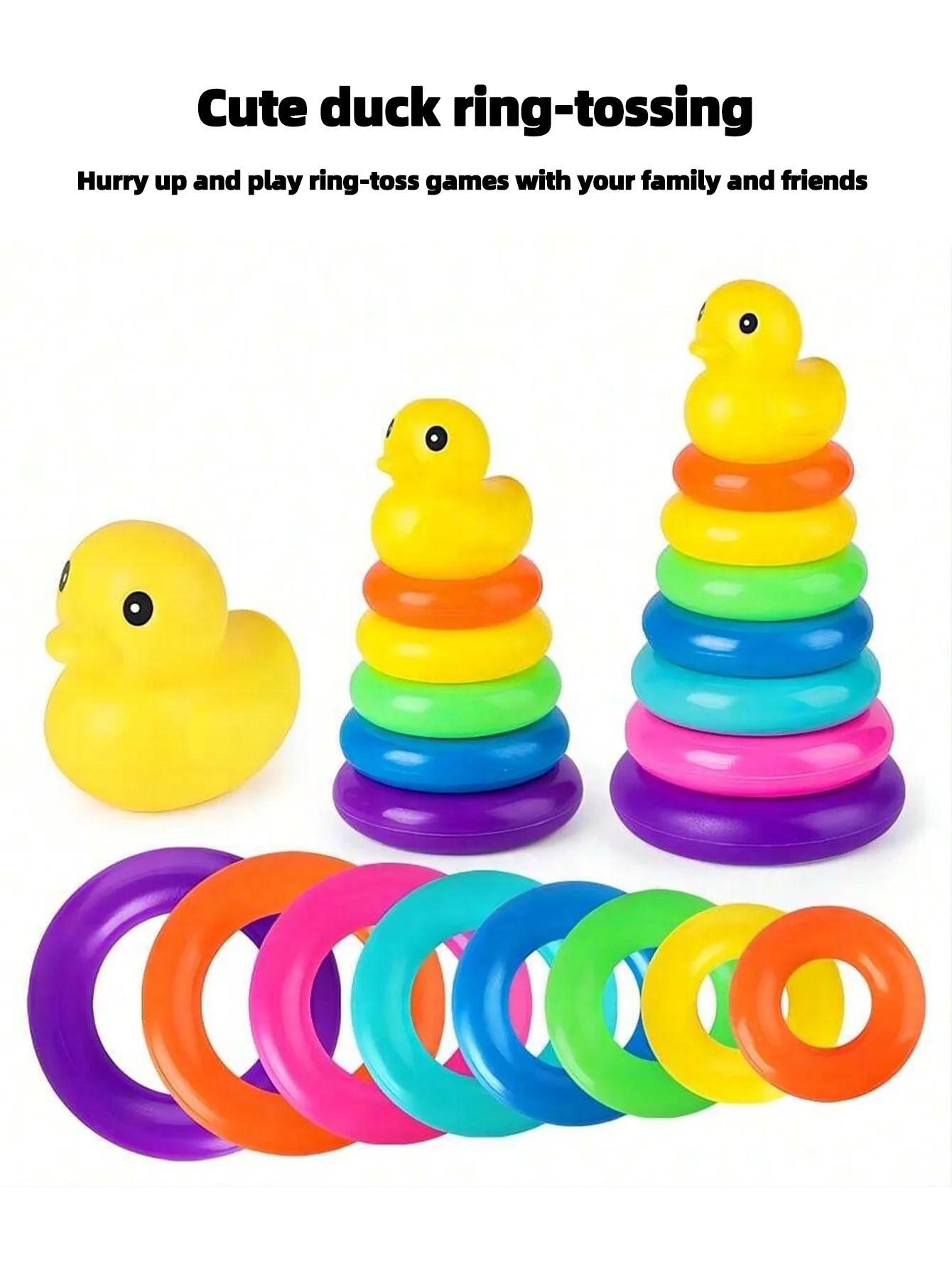 Canard jaune arc-en-ciel tour empilé cercle jouet en plastique arc-en-ciel cercle jouet cercle lance