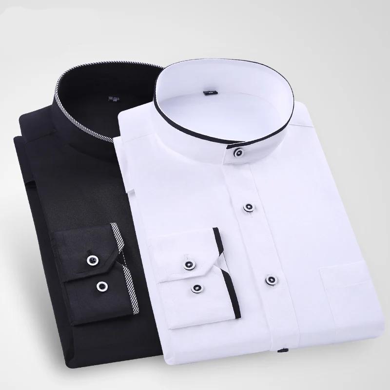 Chemise à col montant pour hommes, classique, col rond, coupe slim, col vertical, manches longues, c