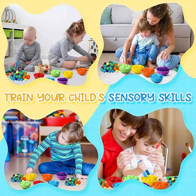 Jouets de comptage et de tri pour enfants, pompons, couleurs arc-en-ciel, bols en plastique, pincett