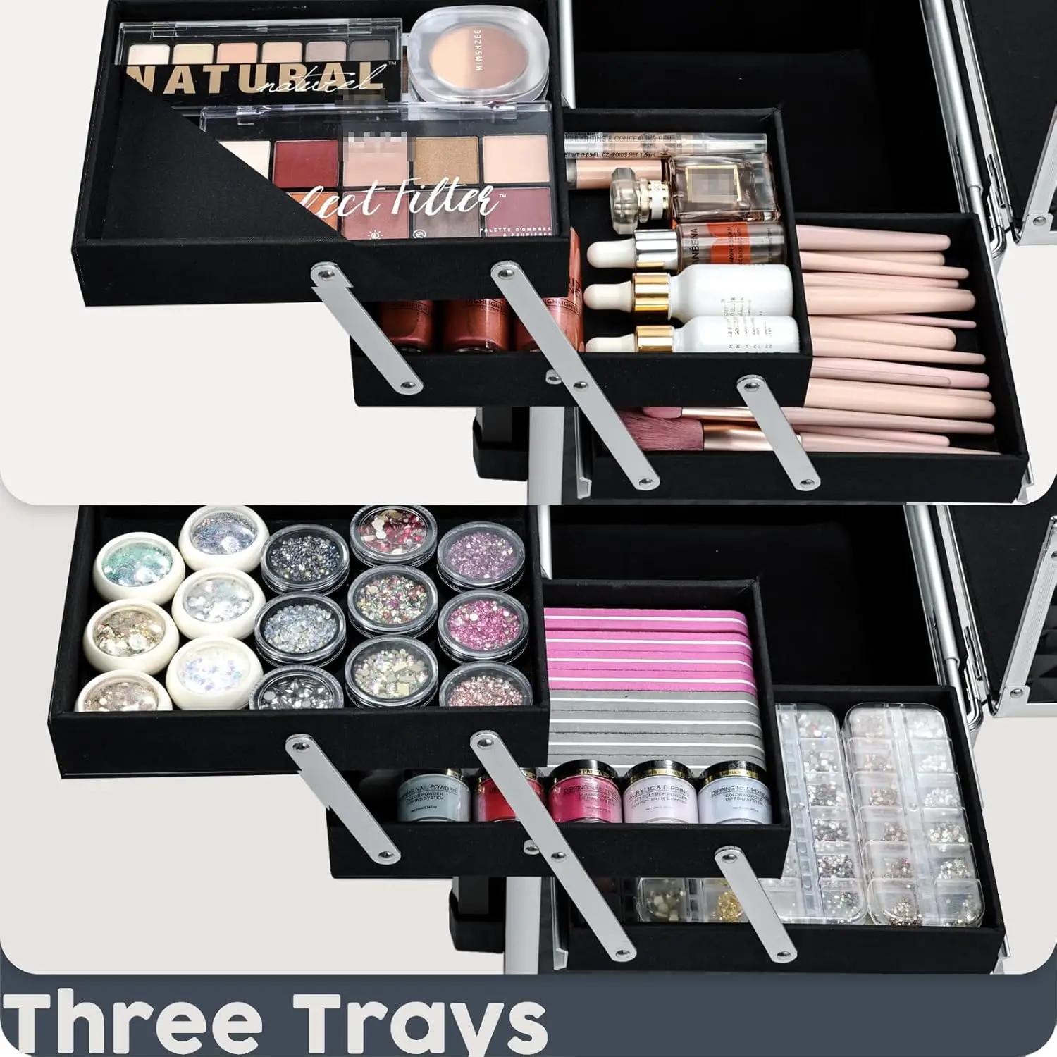 Trolley de Maquillage Roulant avec Tiroirs Coulissants et 4 Plateaux – Valise de Voyage pour Cosméti