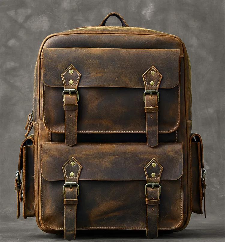 Vintage Crazy Horse sac à dos en cuir véritable hommes sac à dos en peau de vache randonnée sac à do