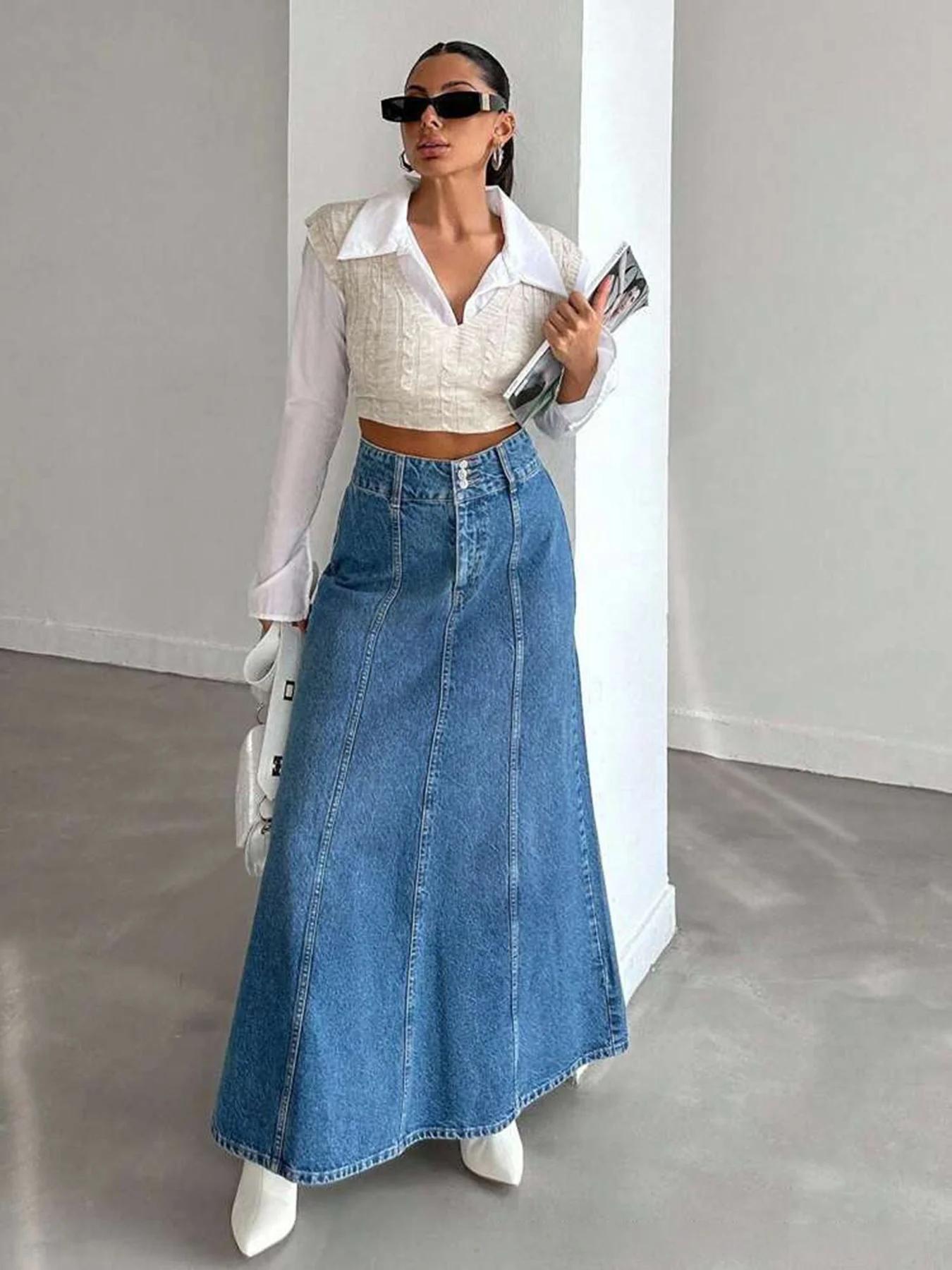 Jupe midi longue en jean pour femme pour les saisons de printemps et d'automne. Convient pour divers