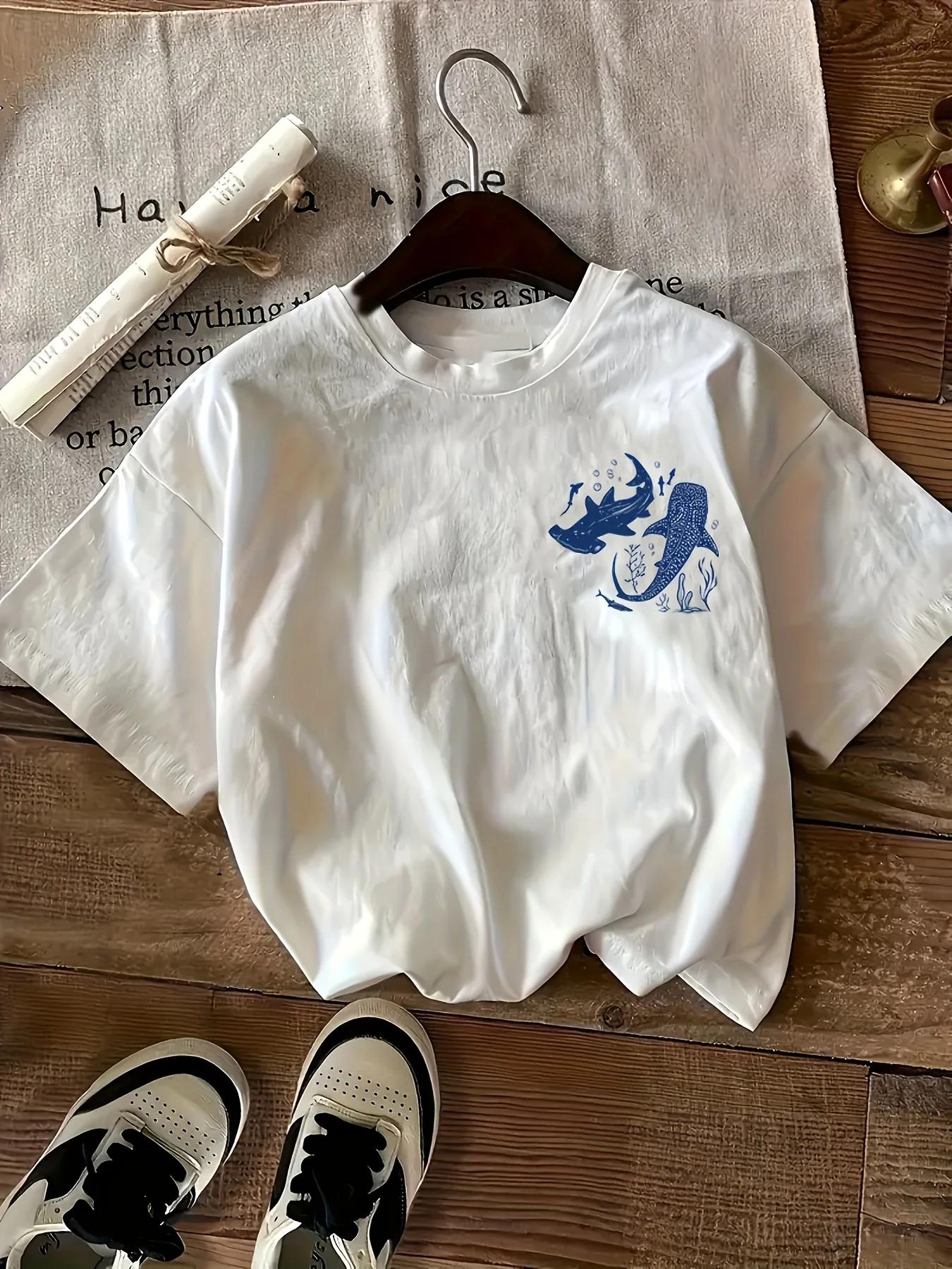 T-Shirt col rond décontracté pour femmes, 100% coton, avec imprimé requin, manches courtes, à la mod