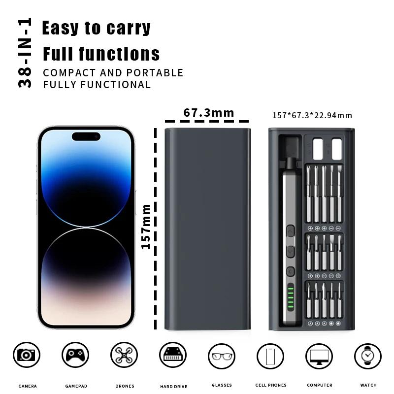 Jeu de tournevis électriques, Kit d'outils électriques de précision rechargeables avec lumière LED 3