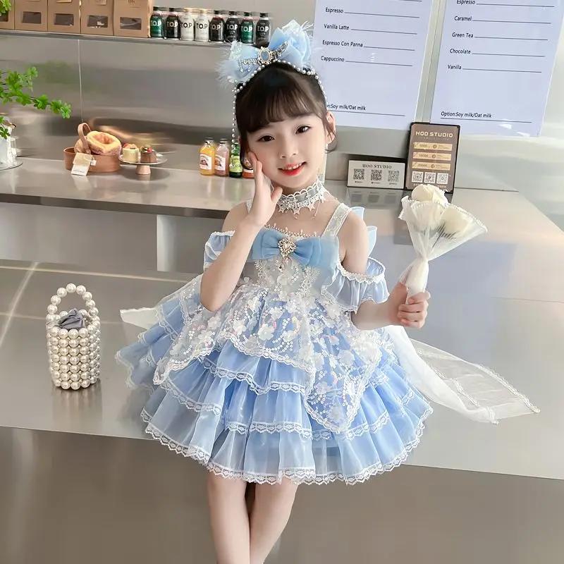 Robe d'été en dentelle pour petites filles, avec nœud bleu, brillante, princesse, robe de bal, gâtea