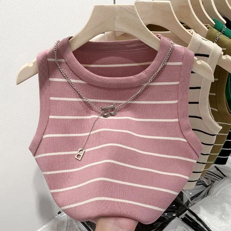 AOSSVIAO Nouveauté 2026 Gilet Femme Rayé à Bord Large, Haut d'Été Tricoté Court Sans Manches, Style 