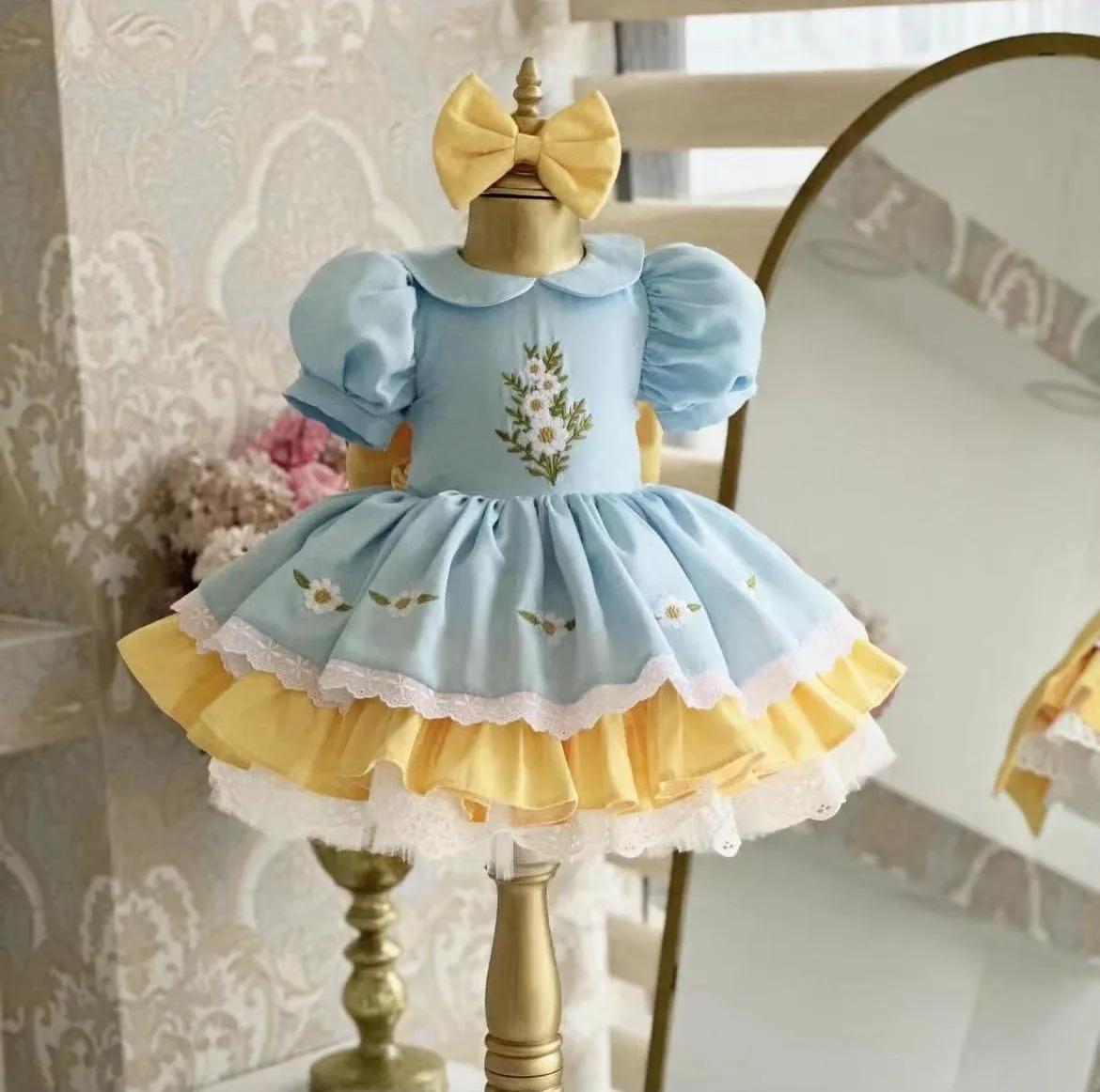 Robe d'été pour bébé fille, broderie marguerite bleue et jaune, robe de princesse turque Vintage pou