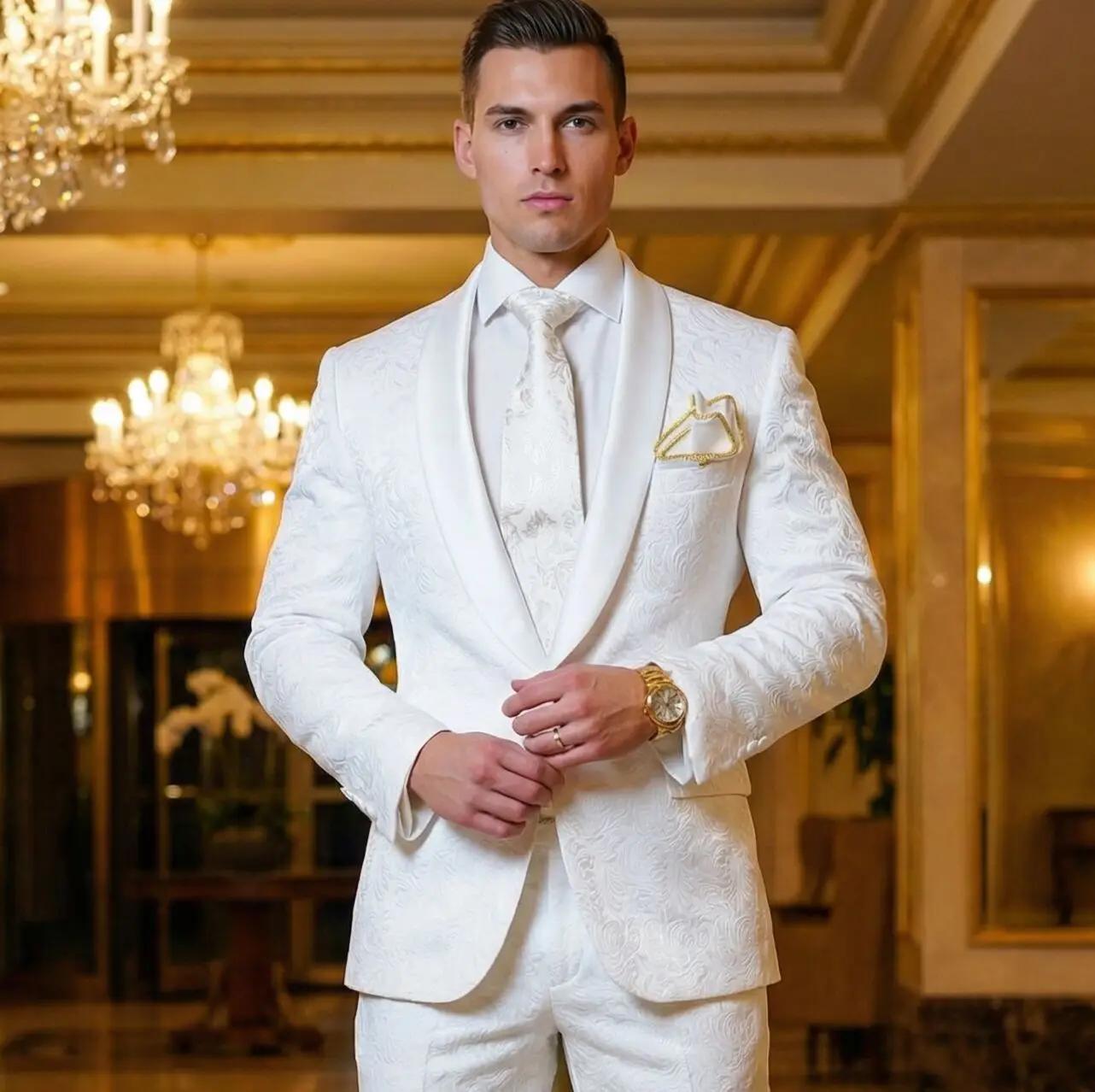 Smokings de marié blancs à motif, revers en satin, costumes pour hommes 2 pièces, mariage, marié