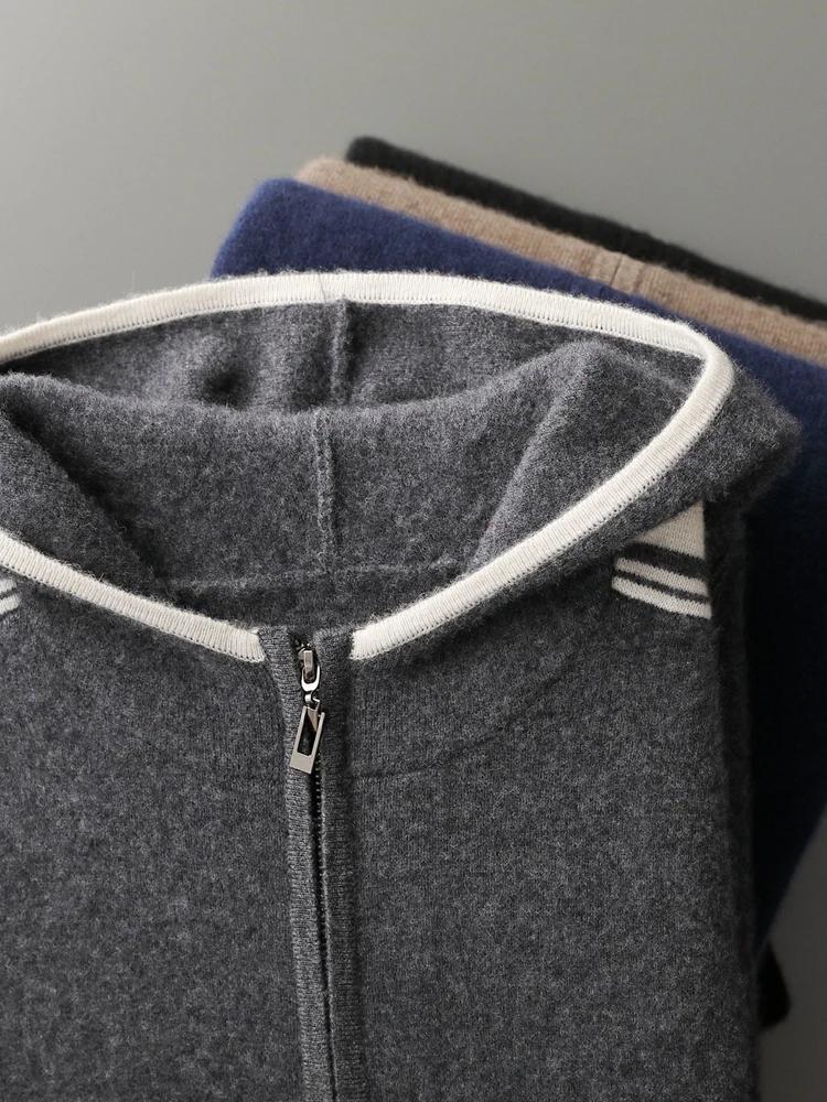 Ensemble deux pièces 100% laine mérinos pour hommes, Cardigan à col à capuche avec fermeture éclair 