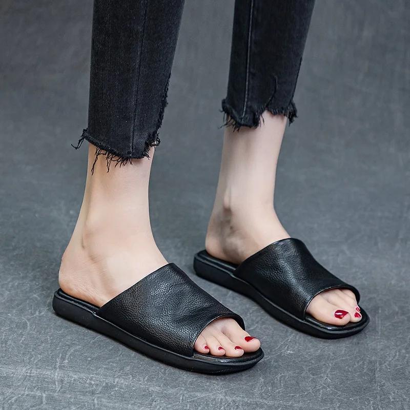 DRKANadvocate-Pantoufles en cuir véritable pour femmes, pantoufles d'été ouvertes, à enfiler, pour l