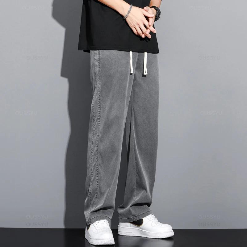 Été doux Lyocell tissu hommes jean mince ample pantalon droit cordon taille élastique corée pantalon
