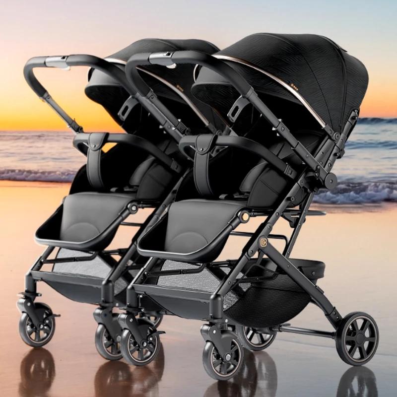 Poussette double détachable pour bébé, légère, haute vue, assise et couchée bidirectionnelle