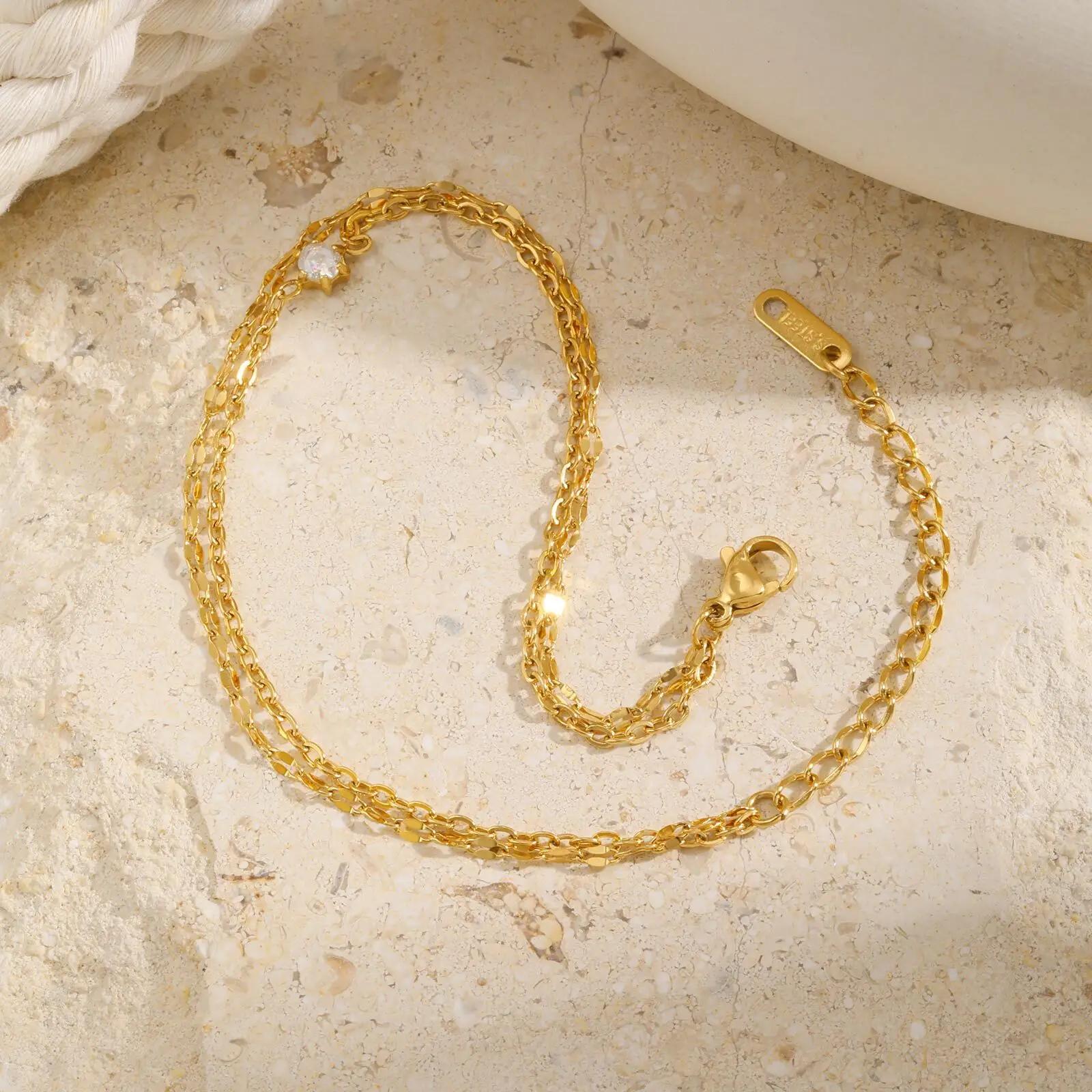 Bracelet de cheville superposé imperméable pour femmes, plaqué or réglable avec zircone, chaîne de p