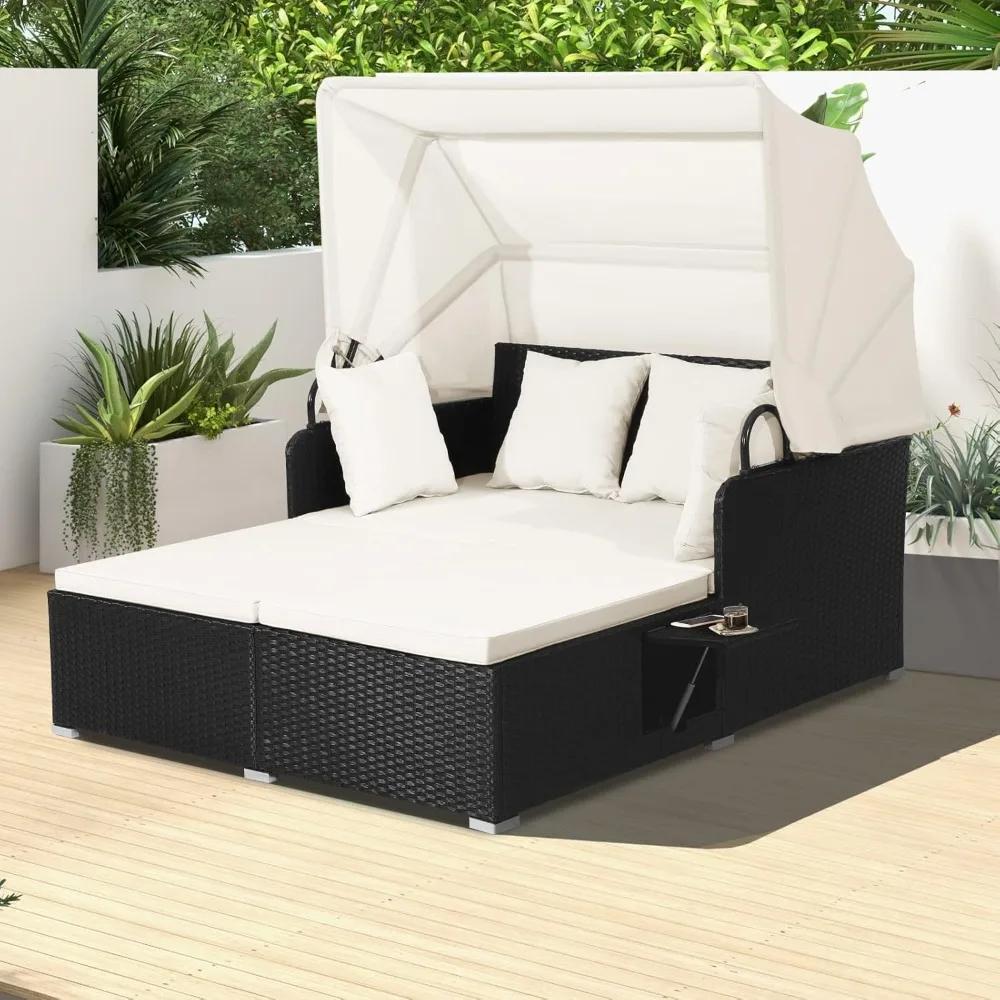 Lit de repos en rotin pour patio, chaise longue en osier Patiojoy avec auvent rétractable, 2 panneau