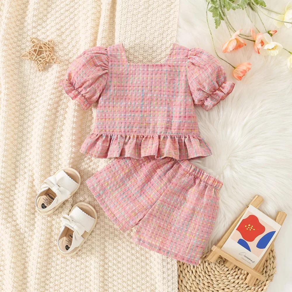 (0-3 ans) été bébé fille coton couleur Plaid bulle manches haut et short ensemble mignon princesse S