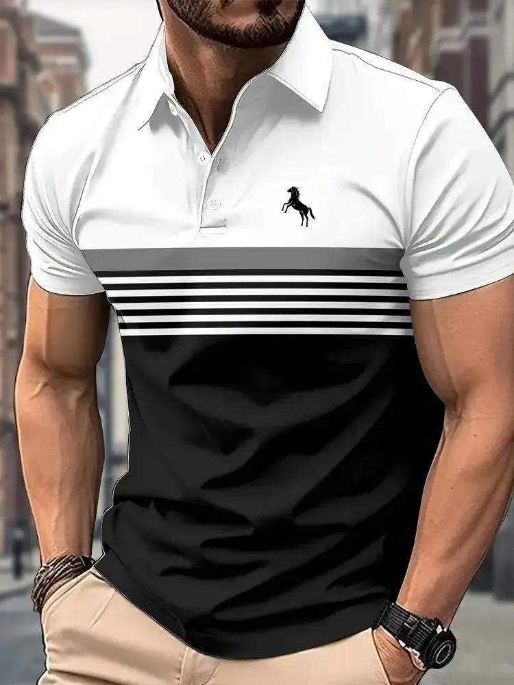 Polo décontracté à manches courtes pour hommes, avec imprimé cheval 3D, rayé, Design bloc de couleur