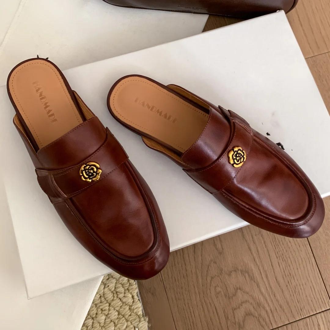 Sandales plates à enfiler en cuir de vache pour femmes, diapositives d'été de haute qualité, douces 