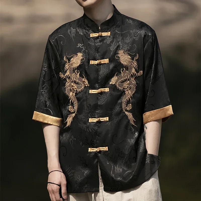 Robe traditionnelle chinoise d'été de haute qualité, chemise brodée de Dragon, vêtements pour hommes