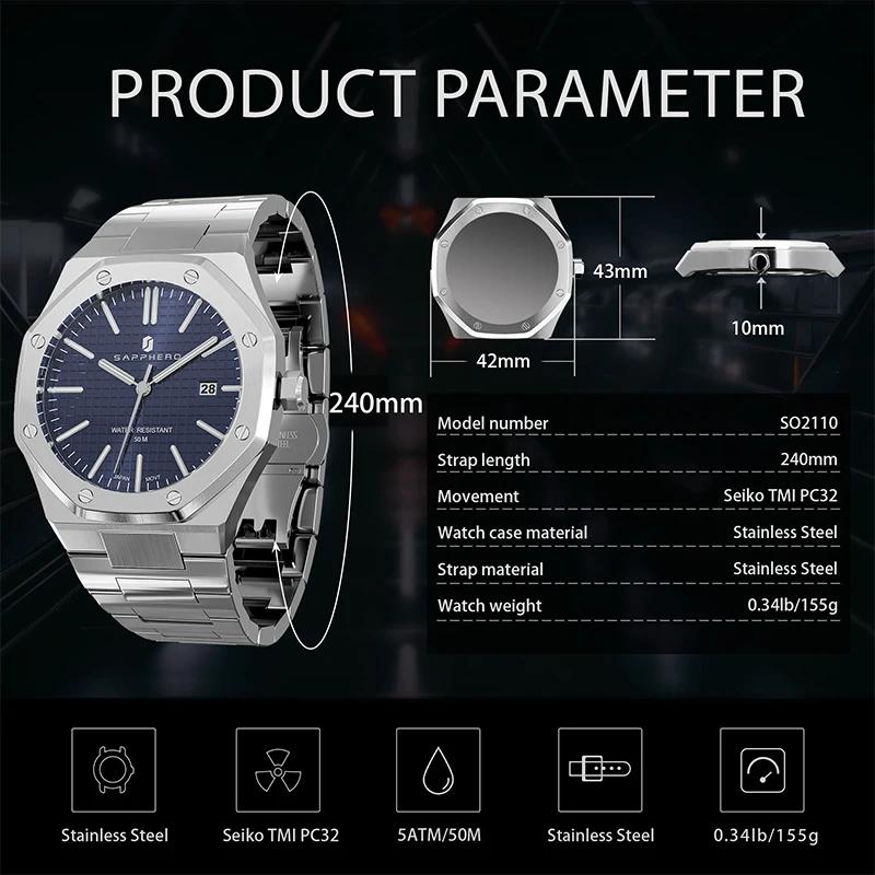 SAPPHERO montre pour hommes, bracelet en acier inoxydable, conception résistante à l'eau, calendrier