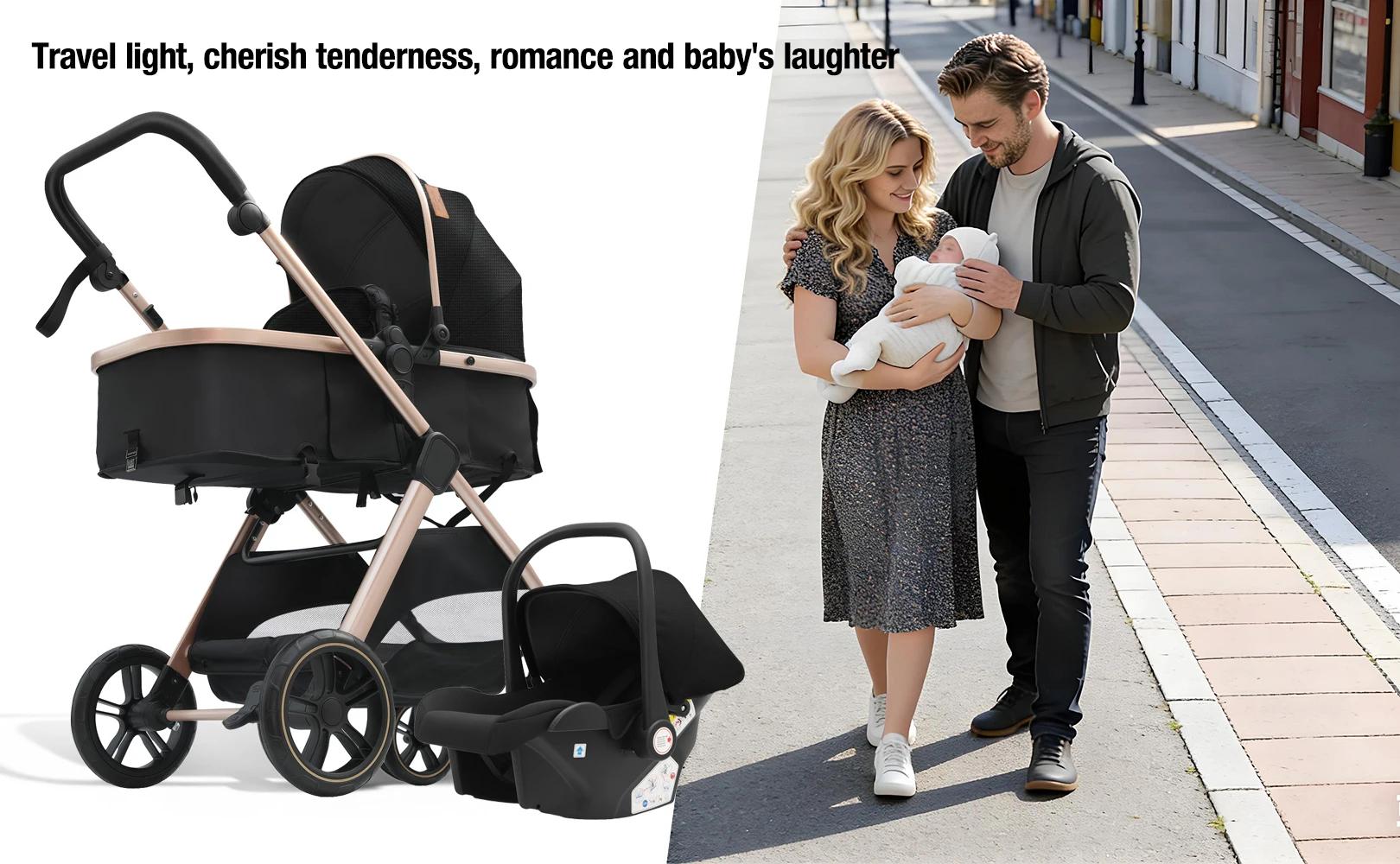 Poussette bébé 3 en 1, poussette multifonctionnelle pliable, système de voyage réversible pour nouve