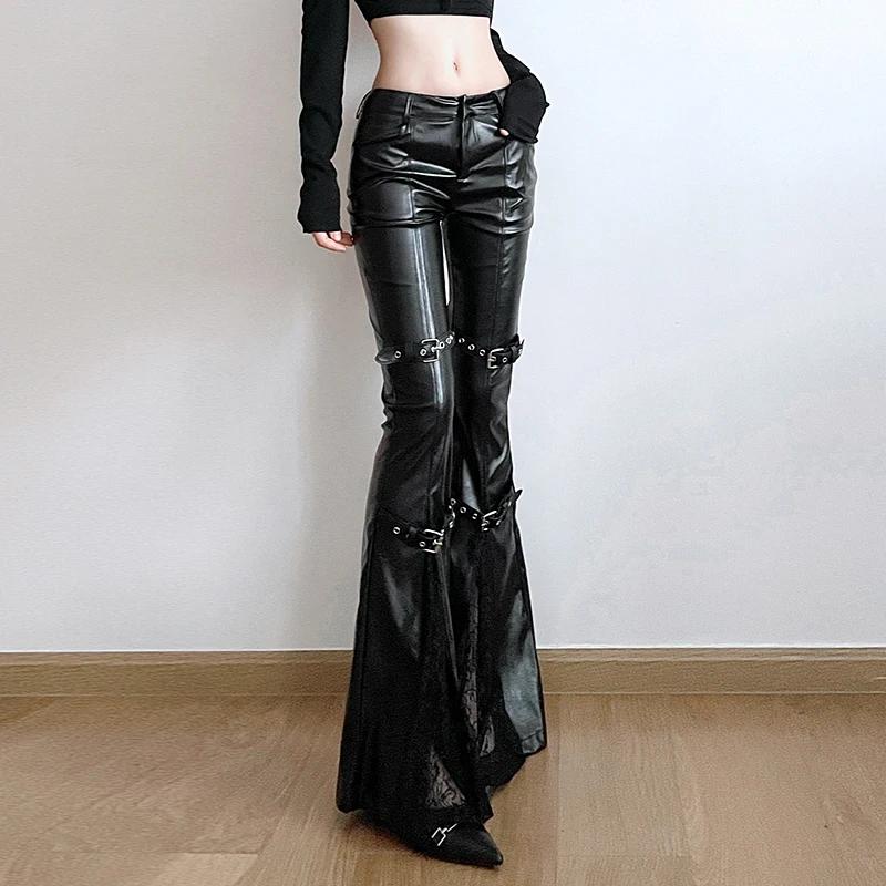 SUCHCUTE PU cuir Flare pantalon Goth boucle dentelle Patchwork pantalon femmes mode Y2K Streetwear V