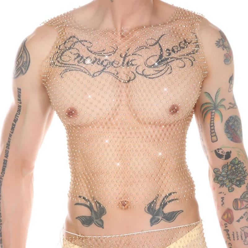 Débardeur de Fitness Transparent pour hommes, gilet en résille Sexy avec strass, hauts musculaires t