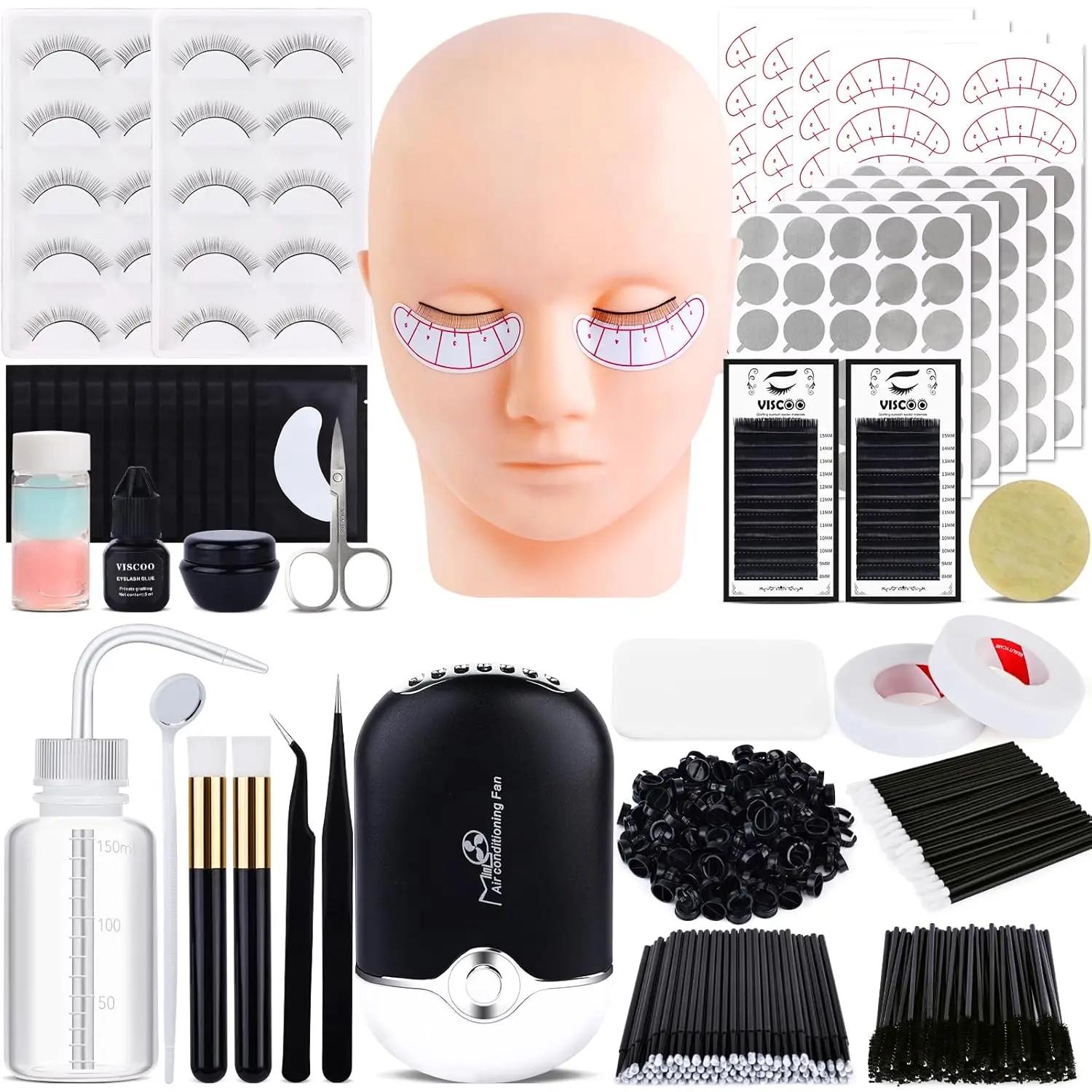 Kit d'extension de cils pour débutant avec tête de mannequin, ventilateur de cils et fournitures pou