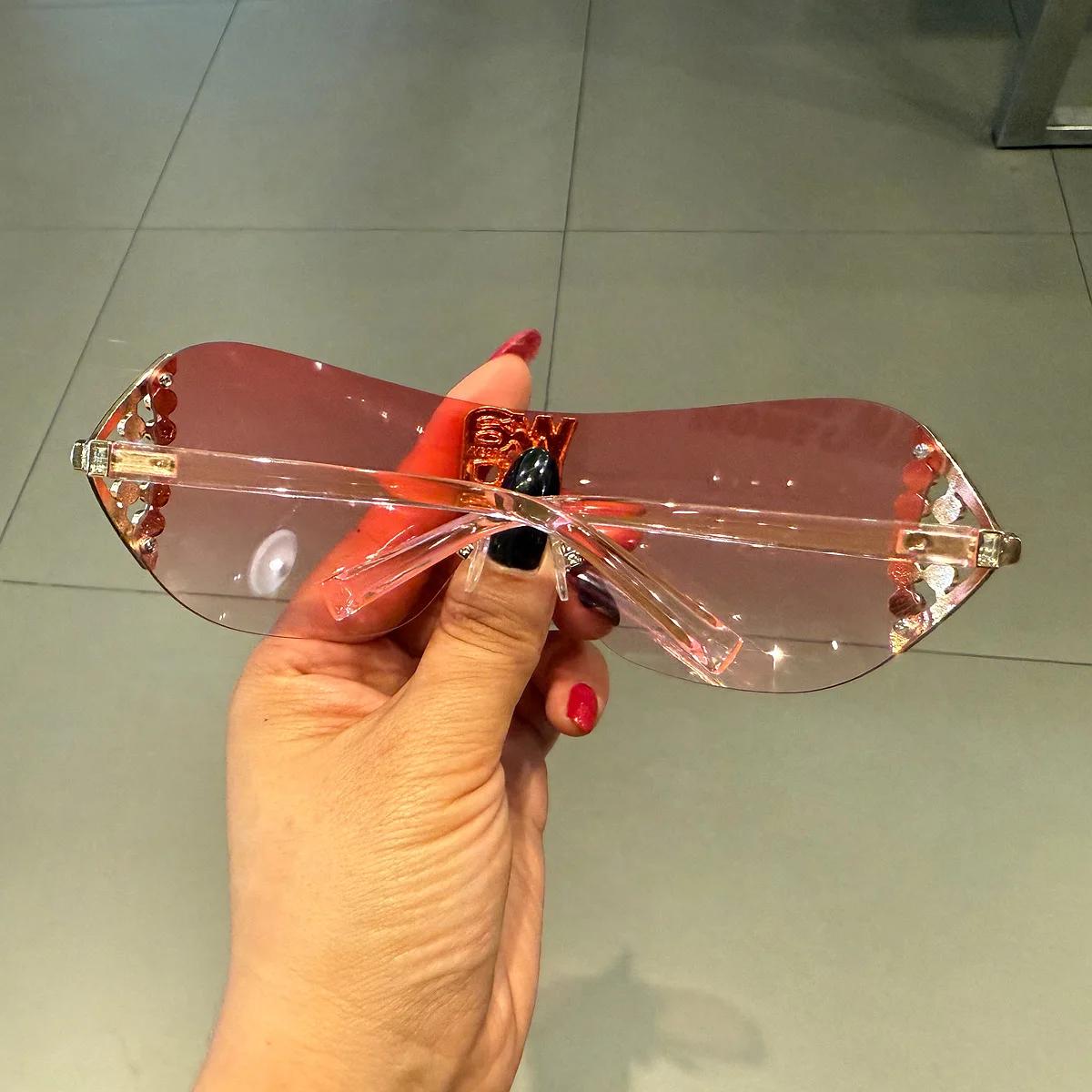 Lunettes de soleil de luxe y2k sans monture pour femmes, avec lettres en strass, de marque de stylis