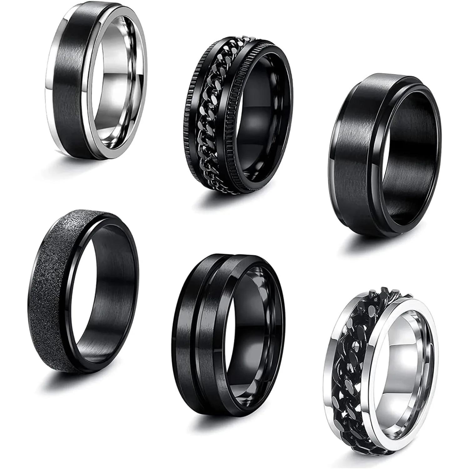 Bobisty 6 pièces anneaux Spinner noirs pour hommes femmes en acier inoxydable Fidget anxiété anti-St