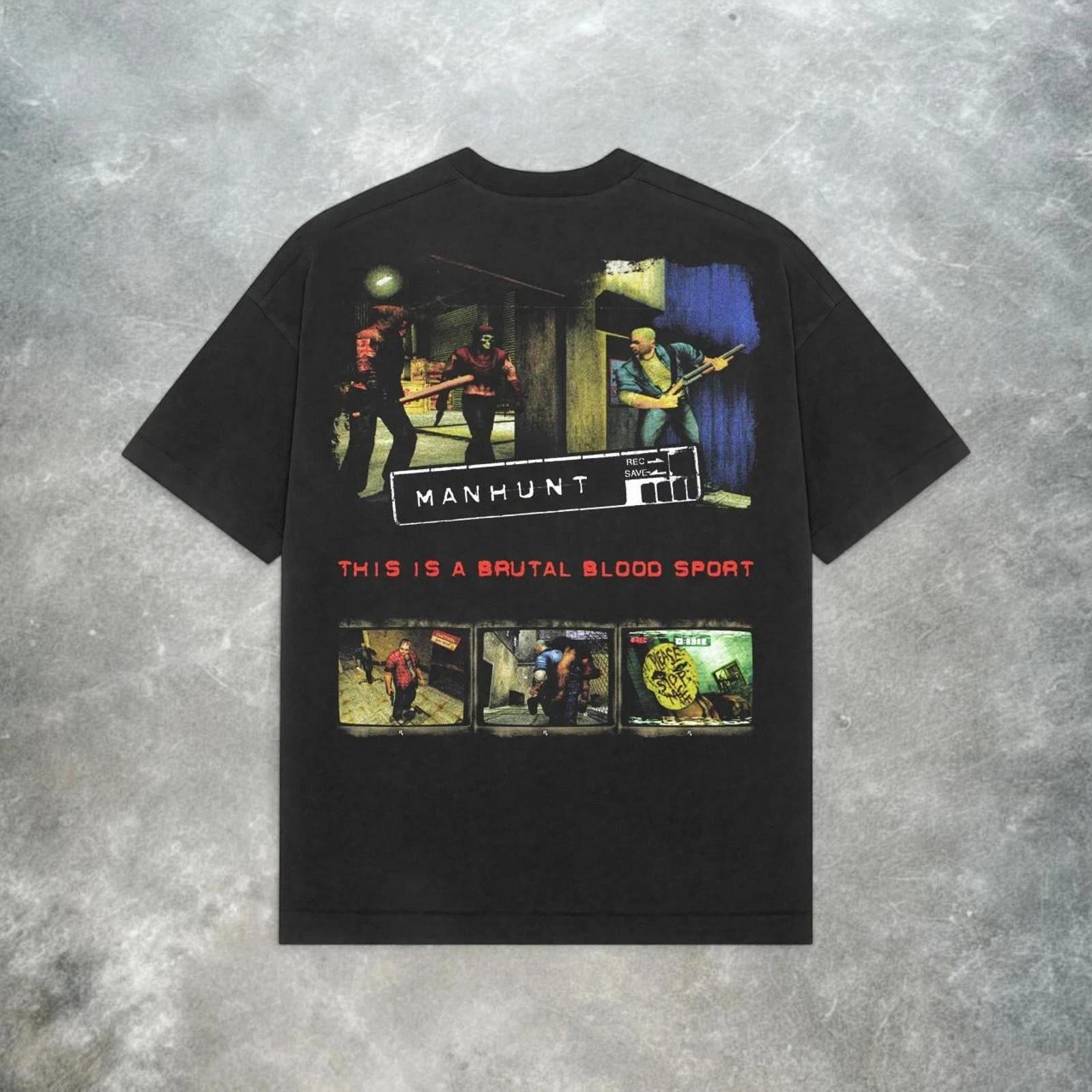 Manhunt Retro Y2K T-shirt American Street Wear pour hommes et femmes, haut ample et décontracté à co