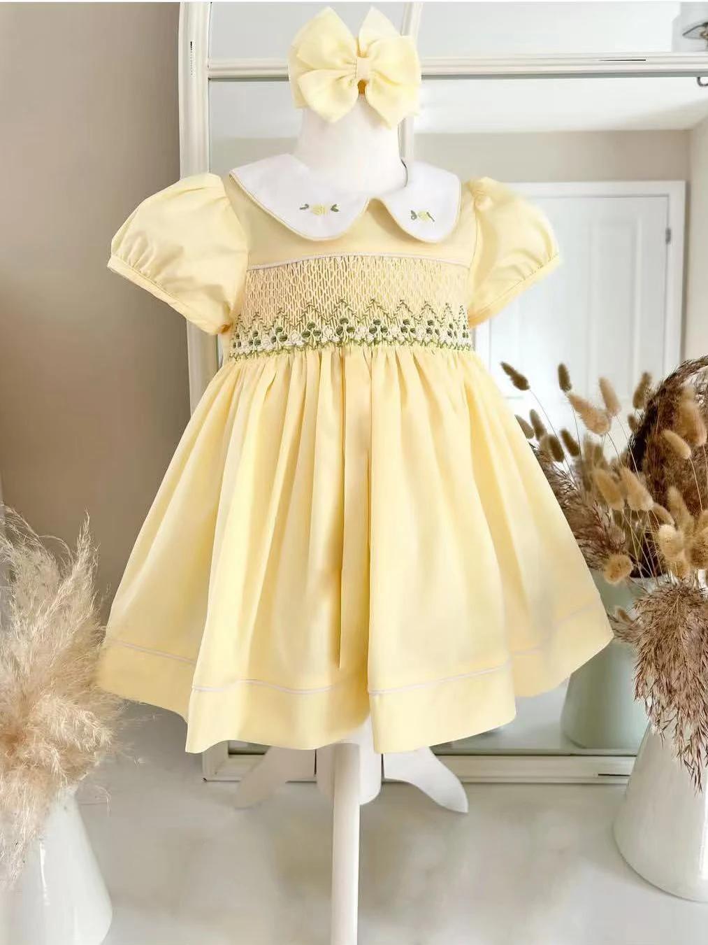 Robe d'été smockée jaune pour bébé fille, broderie faite à la main, robe de princesse Lolita turque 
