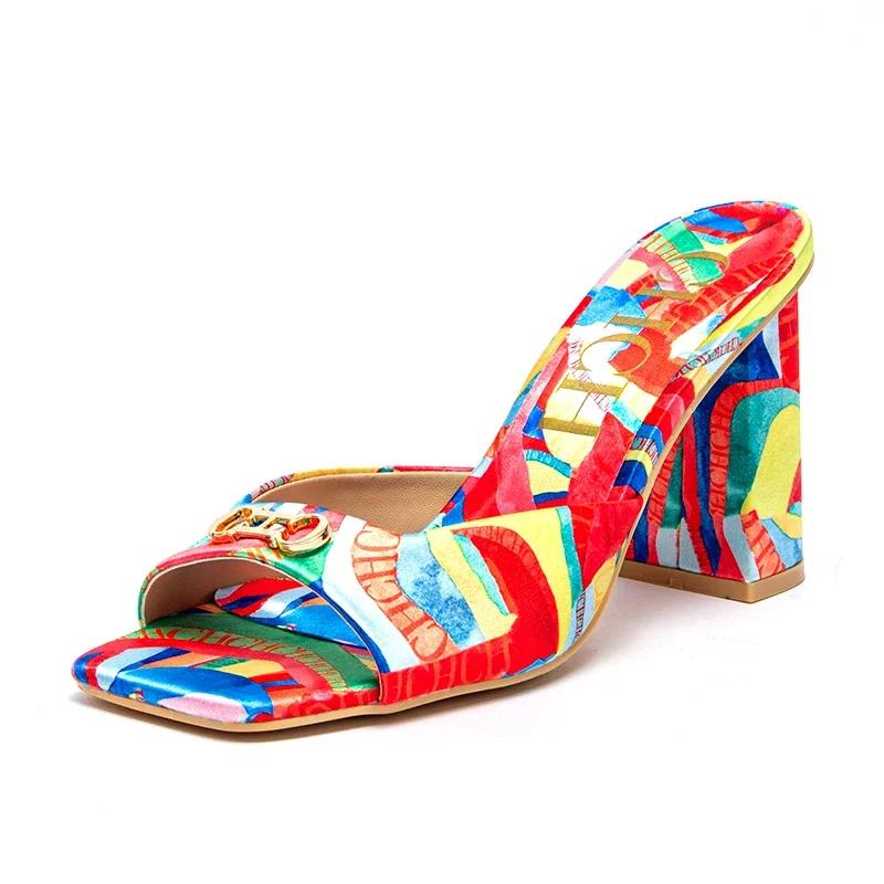 C-H femme chaussures sandales à talons épais carré bout ouvert sandales coulissantes étudiants